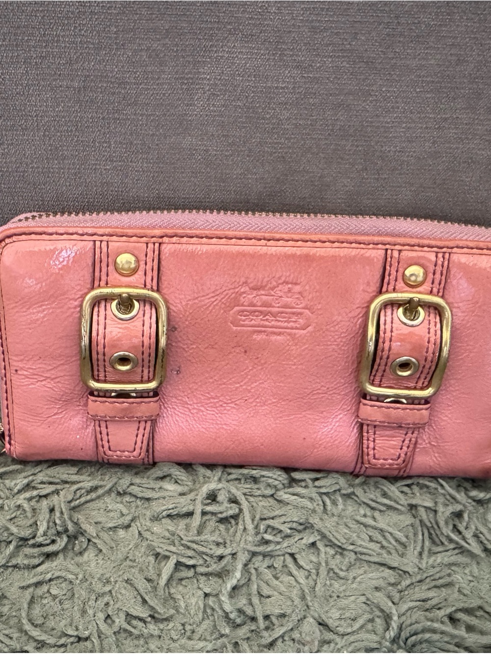 Coach Pink Leather Soho Zip-Around Wallet with Brass Buckle Accents